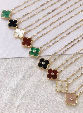 四叶草项链高质量白贝母幸运项链黑玛瑙红玉髓百搭轻奢满钻锁骨链