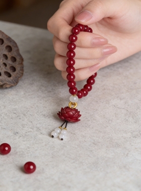 【平安顺遂】白玉莲花朱砂手链女