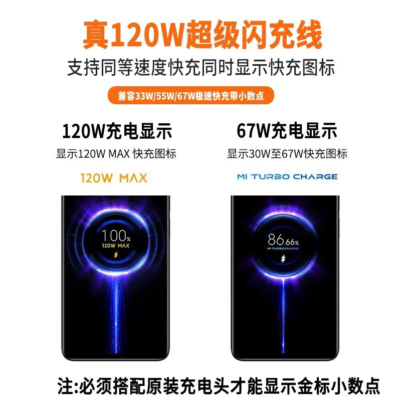 小米120w数据线6a快充适用10至尊纪念版/12pro/mix4/红米note11pro+/黑鲨4pro闪充显示金标小数点typec充电线 - 图0