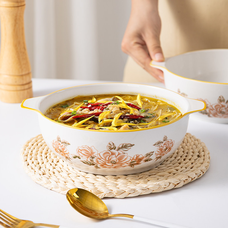 陶瓷花防烫双耳汤碗大号家用新款创意餐具沙拉泡面碗酸菜鱼大汤碗