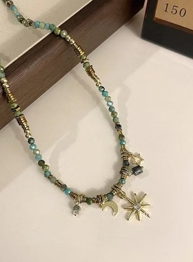 印弟安蓝金珠混合手作星月项链