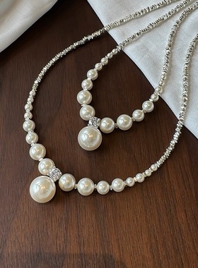 渐变大小珍珠项链S925碎银子高级感颈链纯银人造珍珠锁骨链设计感