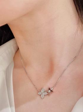 全新品质四叶花满钻石项链女锁骨链不掉色单花双花白金