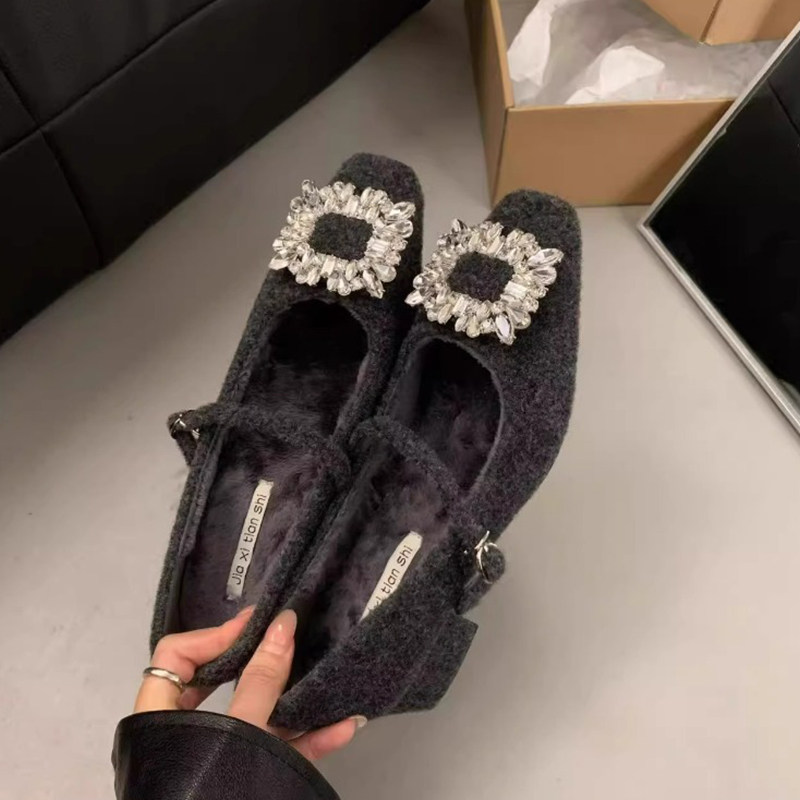 粗跟气质玛丽珍鞋法式晚晚方头水钻呢子毛毛鞋女秋冬外穿高跟单鞋,淘宝优惠券,粉丝福利购,淘宝优惠卷