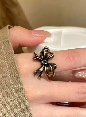 中古Vintage做旧蝴蝶结戒指女款设计感复古开口可调节叠戴食指戒