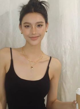 复古黑色爱心ins双层叠戴项链女老钱风双层锁骨链轻奢金色配饰