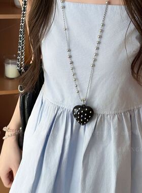 韩系波点蝴蝶结珍珠项链女款简约气质长款吊坠毛衣链小众设计配饰