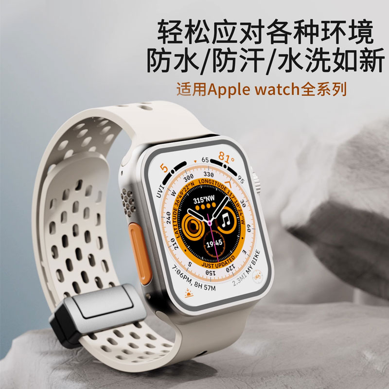 适用iwatch8苹果手表ultra硅胶磁吸表带applewatch7/6/5/4/se透气s8腕带高级感小众运动表链45/41mm星光防水 - 图0