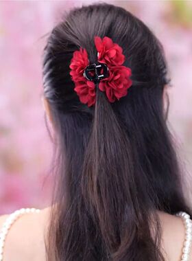 玫瑰花瓣抓夹女夏盘发夹高马尾夹丸子头半扎发饰头饰红色花朵网纱