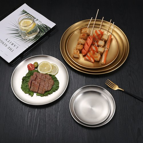 不锈钢圆盘烤肉店烧烤盘家用金色托盘蛋糕盘水果浅盘子餐厅吐骨碟-图0