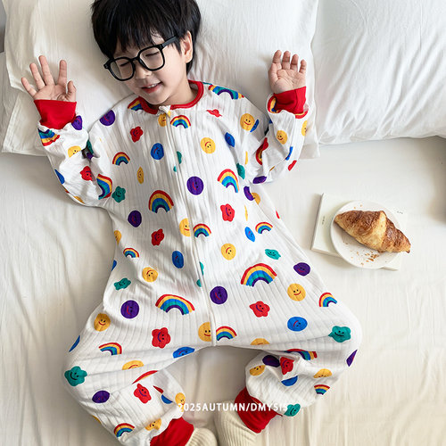 儿童连体睡衣纯棉春秋男童女宝宝四季透气爬服卡通婴儿睡袋空调服 - 图1