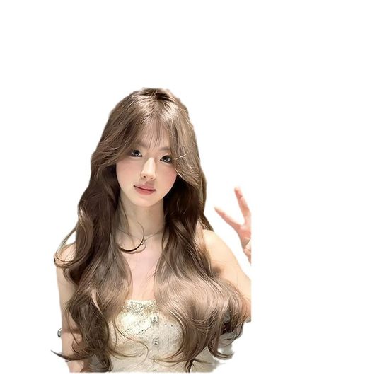 Milk tea gray brown long curly hair full head wig