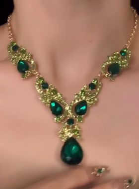 『绿野仙踪』绿色夸张水滴闪钻项链耳环欧美风重工轻奢精致锁骨链