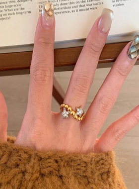 925轻奢高级中古双子星戒指镶钻圆珠波浪复古小众设计百搭食指戒