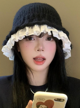 秋冬款蕾丝花边黑色针织渔夫帽