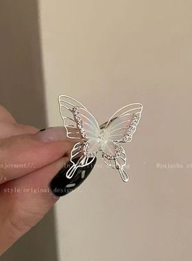 彩色蝴蝶锆石开口戒指女小众设计食指戒轻奢高级感指环潮镂空调节