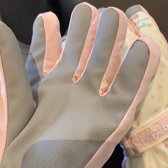 Beige cute bear ski gloves for women in winter Korean style warm and velvet thickened outdoor windproof and cold-proof cycling trend