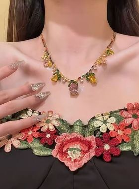 重工vintage串珠吊坠项链女颈链小众复古轻奢高级感锁骨链配饰