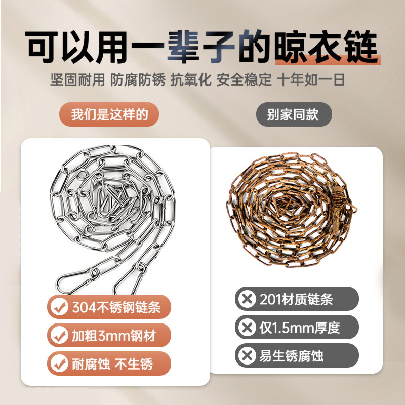304不锈钢晾衣绳链条室外晒被子挂衣服凉衣链绳子钢丝绳防风加粗-图0