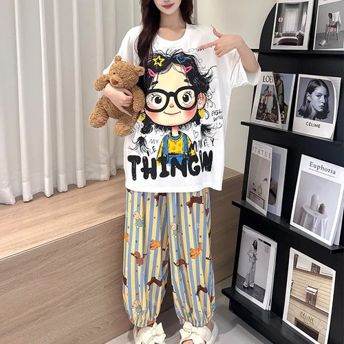 棉质睡衣女带胸垫套装卡通夏季短袖长裤家居服可外穿春夏薄款短裤 - 图1