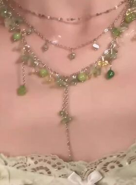 「青萝曲」森系绿色串珠水滴流苏项链小清新高颜值多层叠戴锁骨链