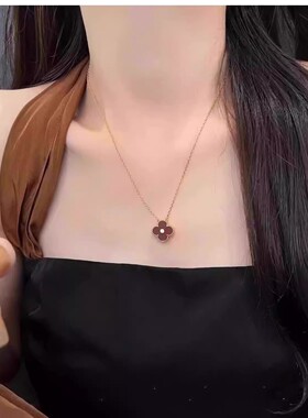 红色幸运四叶草项链女纯银镀18k锁骨链轻奢不易玛瑙贝壳黄金贝母