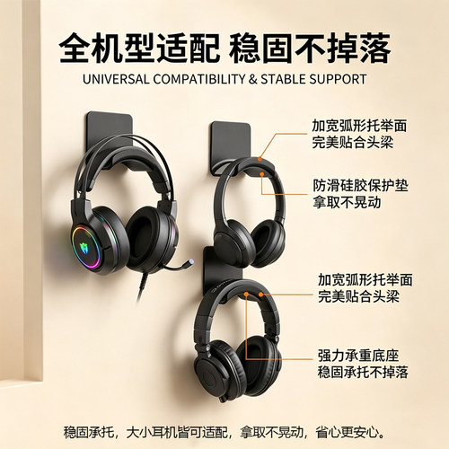 头戴式耳机支架挂钩壁挂悬挂架托架创意蓝牙电脑耳麦收纳架宿舍粘贴壁架电竞洞洞板游戏头梁手柄磨砂二合一 - 图2