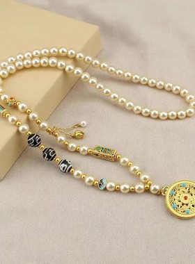 新中式镶钻葫芦仿珍珠项链可转动吊坠国风长款复古串珠毛衣链配饰