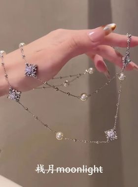 【栈月】法式复古银色鸢尾花珍珠长款项链秋冬轻奢时尚毛衣链颈链