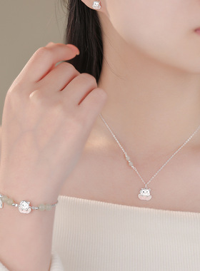 原创足银S999好事莲莲小马耳钉和田玉手链清新耳钉小众首饰