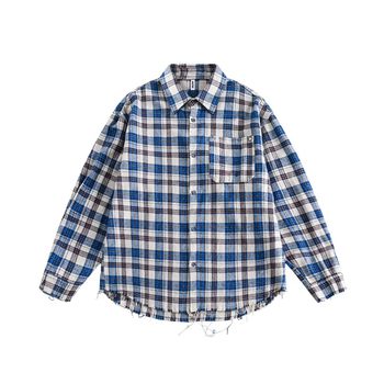 Cleanfit American plaid ເສື້ອແຂນຍາວສໍາລັບຜູ້ຊາຍແລະແມ່ຍິງ vintage ສີຟ້າຄູ່ນ່ຶເສື້ອເປືອກຫຸ້ມນອກບາງ