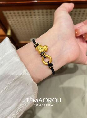 “马上有钱”环扣金色小马黑色抽拉编织手绳女小众设计精致手链