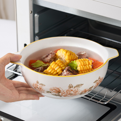 陶瓷花防烫双耳汤碗大号家用新款创意餐具沙拉泡面碗酸菜鱼大汤碗