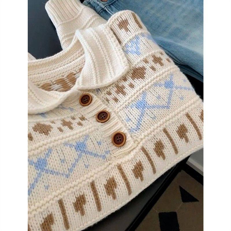 软糯提花费尔岛毛衣女春秋季2025新款大码内搭翻领针织衫上衣,淘宝优惠券,粉丝福利购,淘宝优惠卷