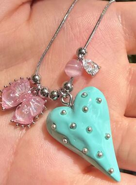 甜酷风粉蓝爱心蝴蝶结叠戴项链高级感时尚百搭锁骨链小众气质颈链