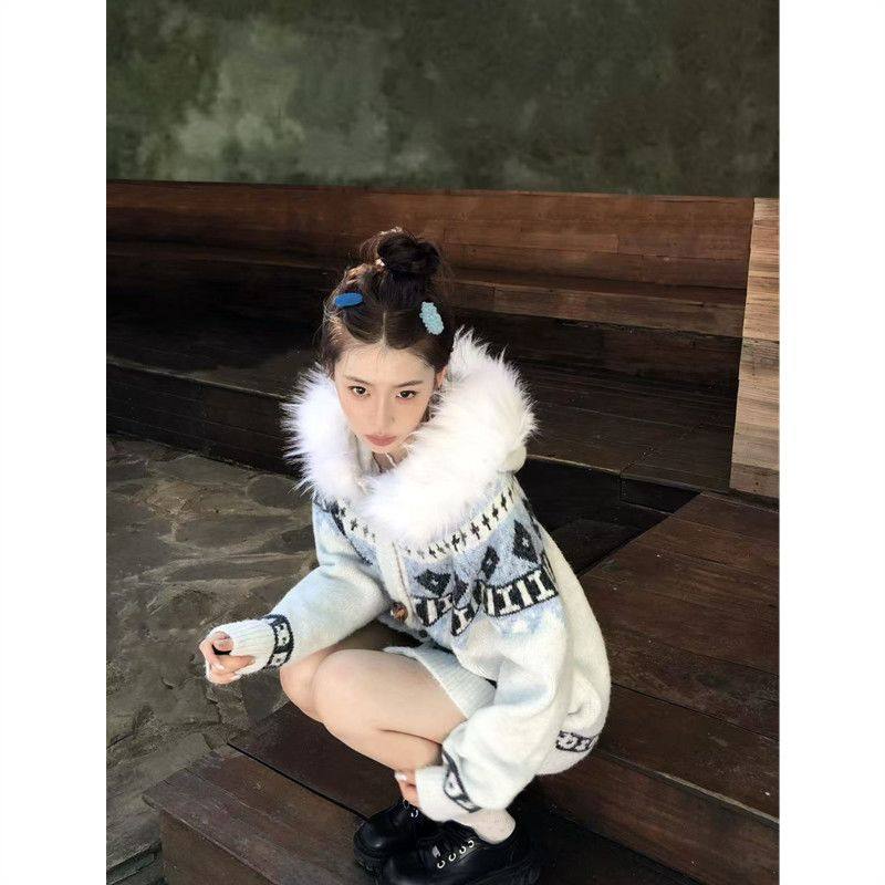 费尔岛可拆卸毛领连帽毛衣女秋冬高级感宽松大码内搭针织开衫,淘宝优惠券,粉丝福利购,淘宝优惠卷