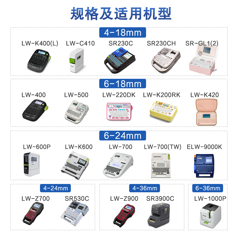 适用锦宫标签机色带爱普生lw-600p标签带12mm9182436*8m标签纸sr230ch白黄蓝透明打印纸lw-k400贴普乐黑字 - 图0