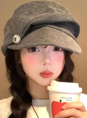云朵帽子女2026年八角帽显脸小时尚贝雷帽白色冬季黑色复古可折叠
