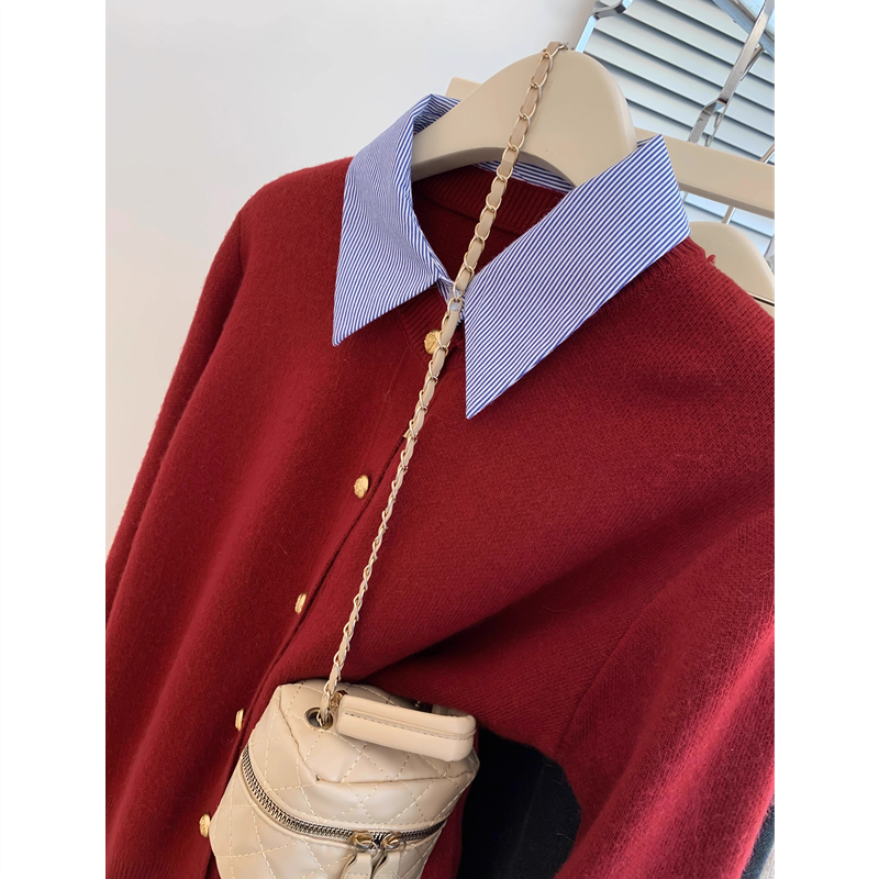 灰色polo领假两件针织开衫女秋冬季高级感欧货大码内搭衬衫领毛衣,淘宝优惠券,粉丝福利购,淘宝优惠卷