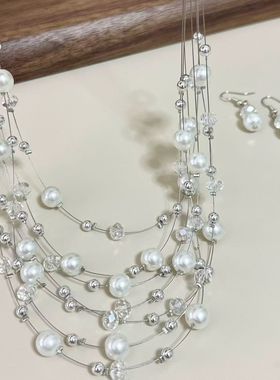 【月华叠梦】富家千金法式多层隐形鱼线串珠项链设计高级晚宴礼服