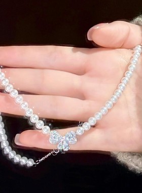 范家带LOGO白铜蝴蝶结珍珠项链优雅气质时尚轻奢高级感百搭项饰女