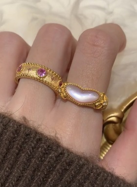 925轻奢小众宫廷风拉丝粉钻星芒戒指精工宽版复古设计高贵食指戒