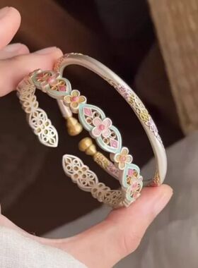 纯纯匠心国风复古风纯银999珐琅滴釉花朵银手镯重工复古足银女礼