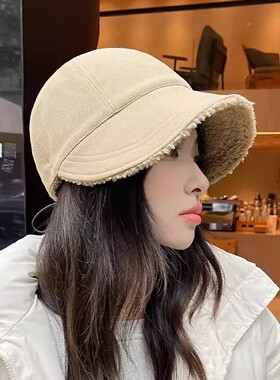 羊羔毛帽子女秋冬季渔夫帽显脸小