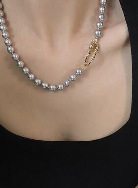真多麻银灰色珍珠项链女正圆强光质感锁骨链轻奢饰品潮星形