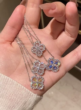 四叶草项链女满钻轻奢小众纯银镀18K白金色锁骨链ins项链水滴钻石