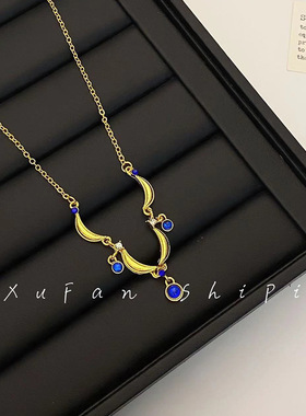 韩国新款蓝色水滴显白项链开口戒指套装轻奢小众设计气质高级感女