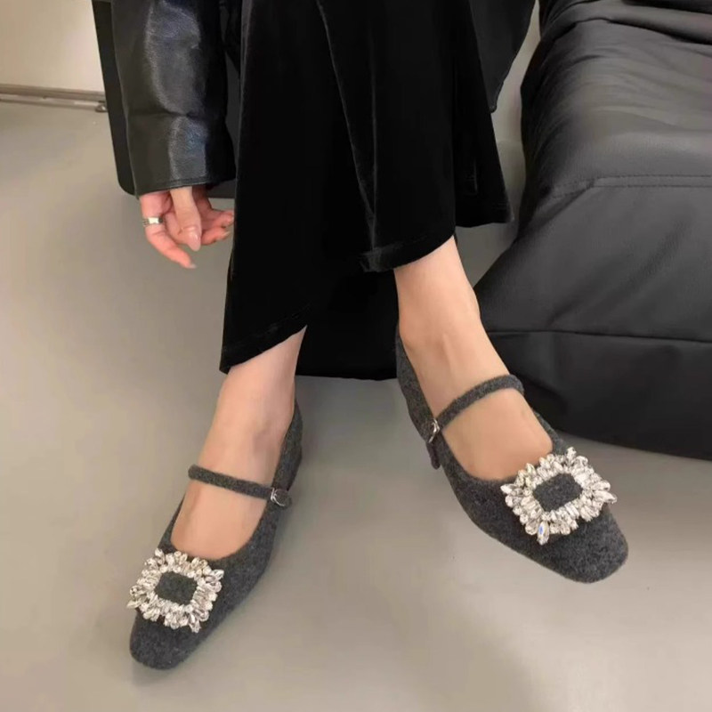 粗跟气质玛丽珍鞋法式晚晚方头水钻呢子毛毛鞋女秋冬外穿高跟单鞋,淘宝优惠券,粉丝福利购,淘宝优惠卷