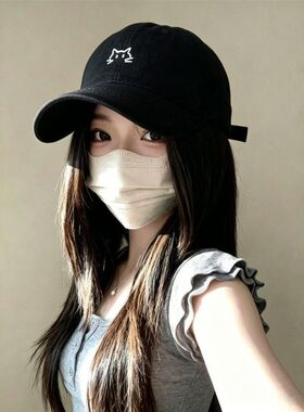 可爱小猫刺绣黑色棒球帽女软顶百搭显脸小遮阳大头围防晒运动帽女