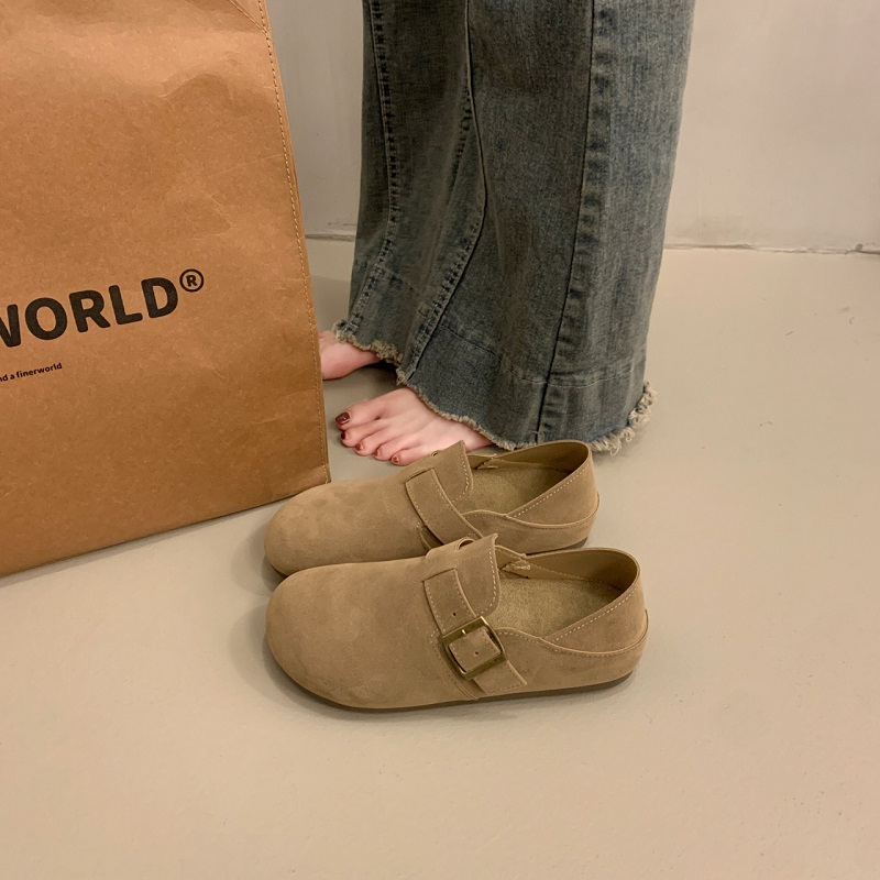 复古全包勃肯鞋女2025春秋休闲一脚蹬平底磨砂大码女鞋单鞋圆头 - 图1
